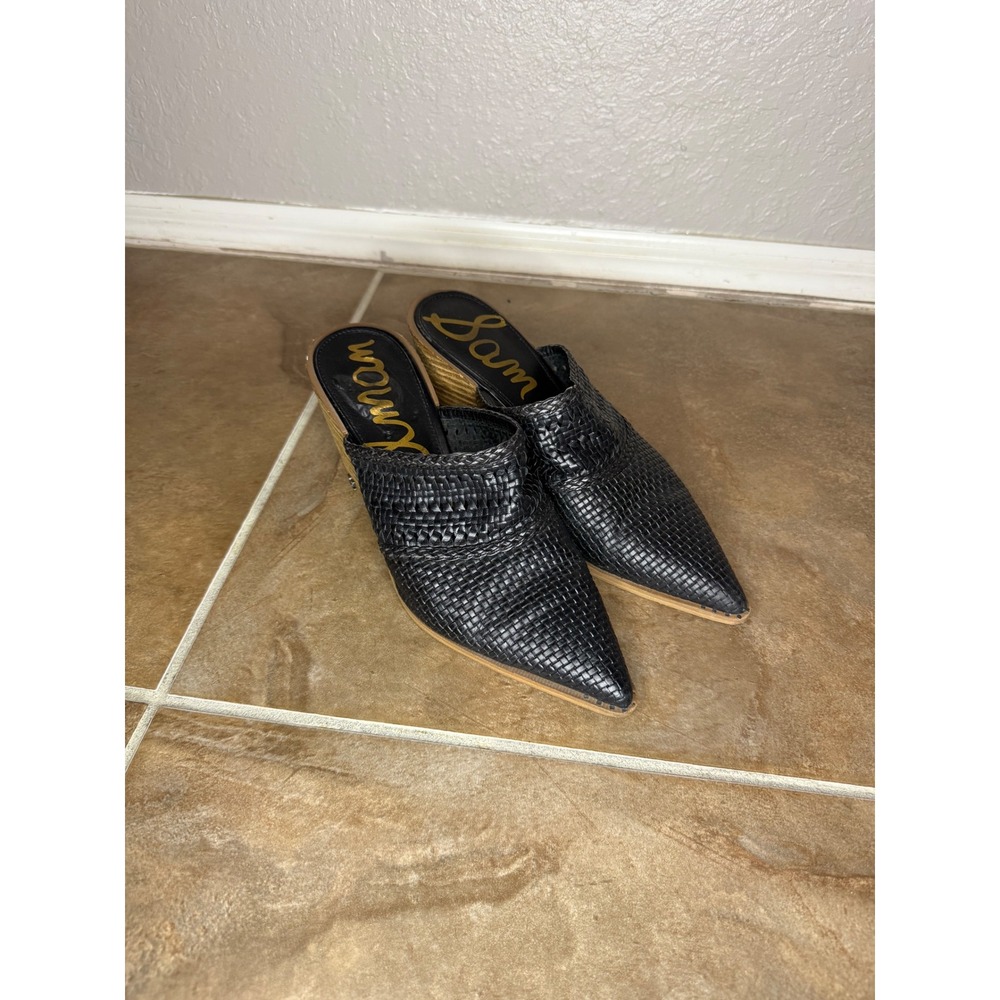 Sam Edelman Woven Mules Pointed Toe Block Heel Slides Black Leather 8.5